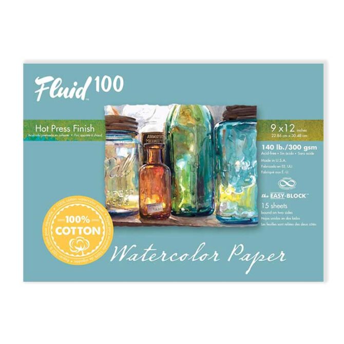 Fluid-100-Watercolor-Paper-812218-140LB-Hot-Press-9-x-12-Block-15-Sheet
