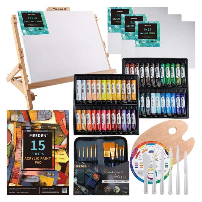 MEEDEN Acrylic Paint Set - Portable Beech Wood Tabletop Easel