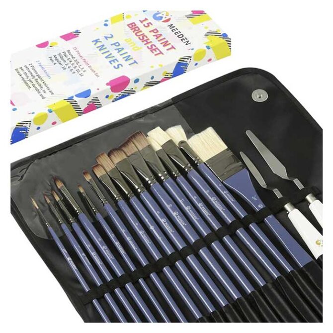 MEEDEN Paint Brush Set,15 Different Sizes Painting Brushes with 2 Palette Knife for Acrylic Oil Watercolor Gouache Painting