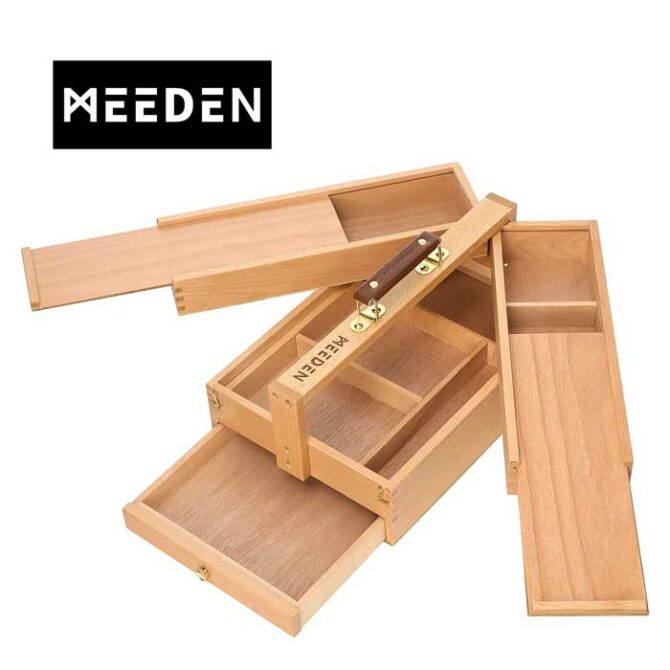 Portable Foldable Multi-Function Beech Wood Artist Tool & Brush Storage Box with Compartments & Drawer for Pastels, Pencils, Pens, Markers, Brushes