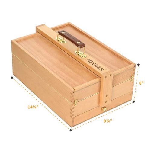 Portable Foldable Multi-Function Beech Wood Artist Tool & Brush Storage Box with Compartments & Drawer for Pastels, Pencils, Pens, Markers, Brushes
