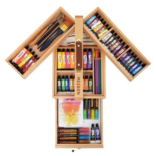Portable Foldable Multi-Function Beech Wood Artist Tool & Brush Storage Box with Compartments & Drawer for Pastels, Pencils, Pens, Markers, Brushes