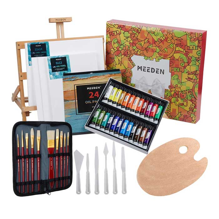 MEEDEN Artist Acrylic Painting Set, Painting Kit with Wood Table Easel, 48  Acrylic Paints , 10 Brushes, 3 Canvases Panels, Art Supply Paint Kit for