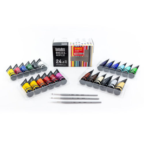 Liquitex BASICS Acrylic Color 24 Tube Set - 22ml + 3 BONUS Short Handle Basics Brushes