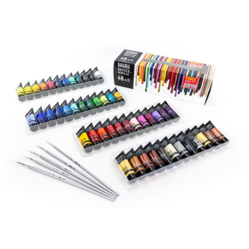 Liquitex BASICS Acrylic Color 48 Tube Set - 22ml + 3 BONUS Short Handle Basics Brushes