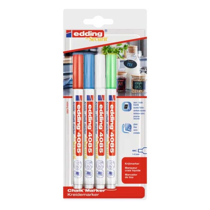 EDDINGÂ® 4085 Chalk Marker - Blister of 4 Assorted Basic Colors - Red,Blue, White, Green