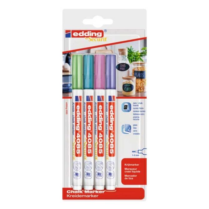 EddingÂ® 4085 - Blister of 4 Chalk Markers - Metallic Green, Metallic Blue, Metallic Violet, Metallic Purple