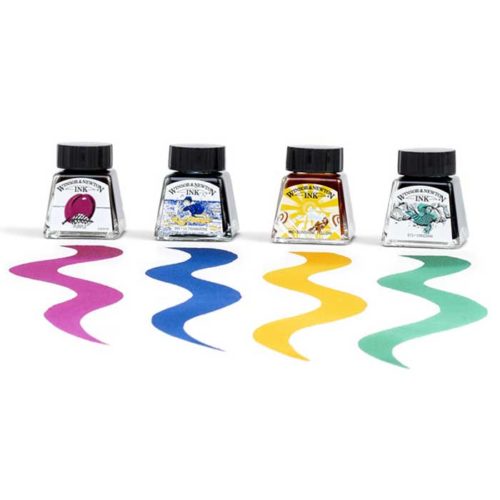 Rich Tones Collection of 4 Drawing Inks - Viridian, Ultramarine, Purple and Sunshine Yellow